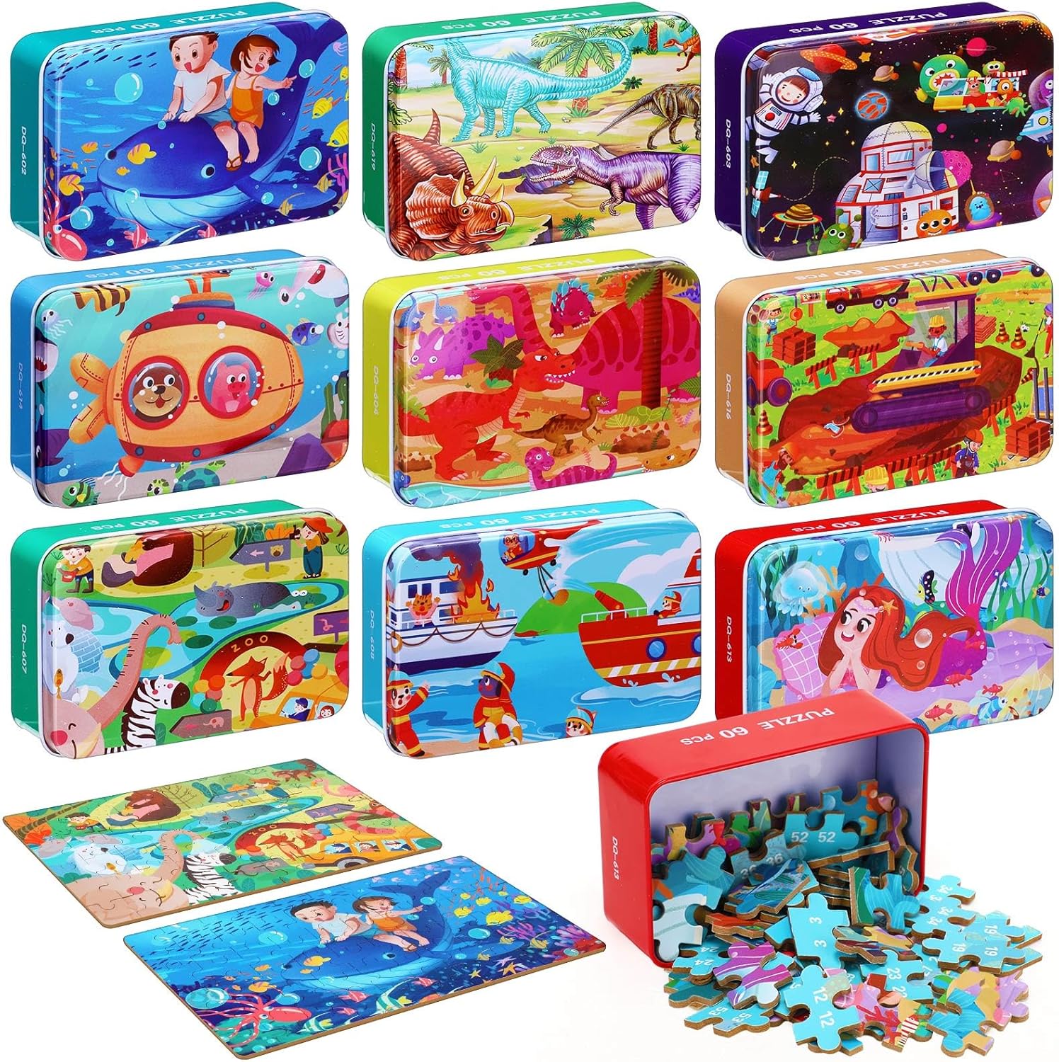 Colorful puzzle tins with various designs on a white background