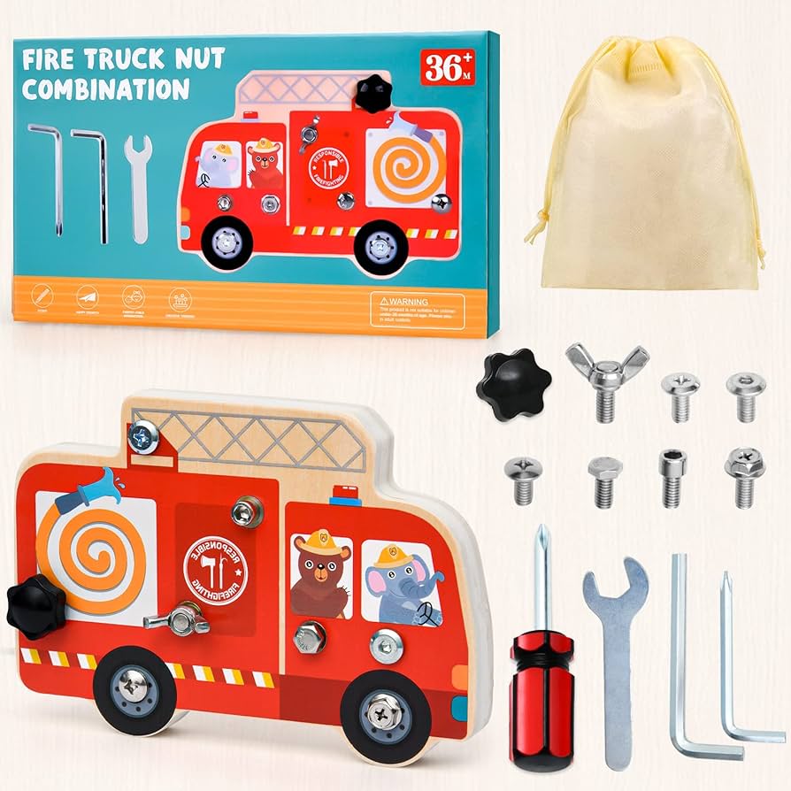 Wooden Fire Truck Nut Combination & Bolt Busy Board