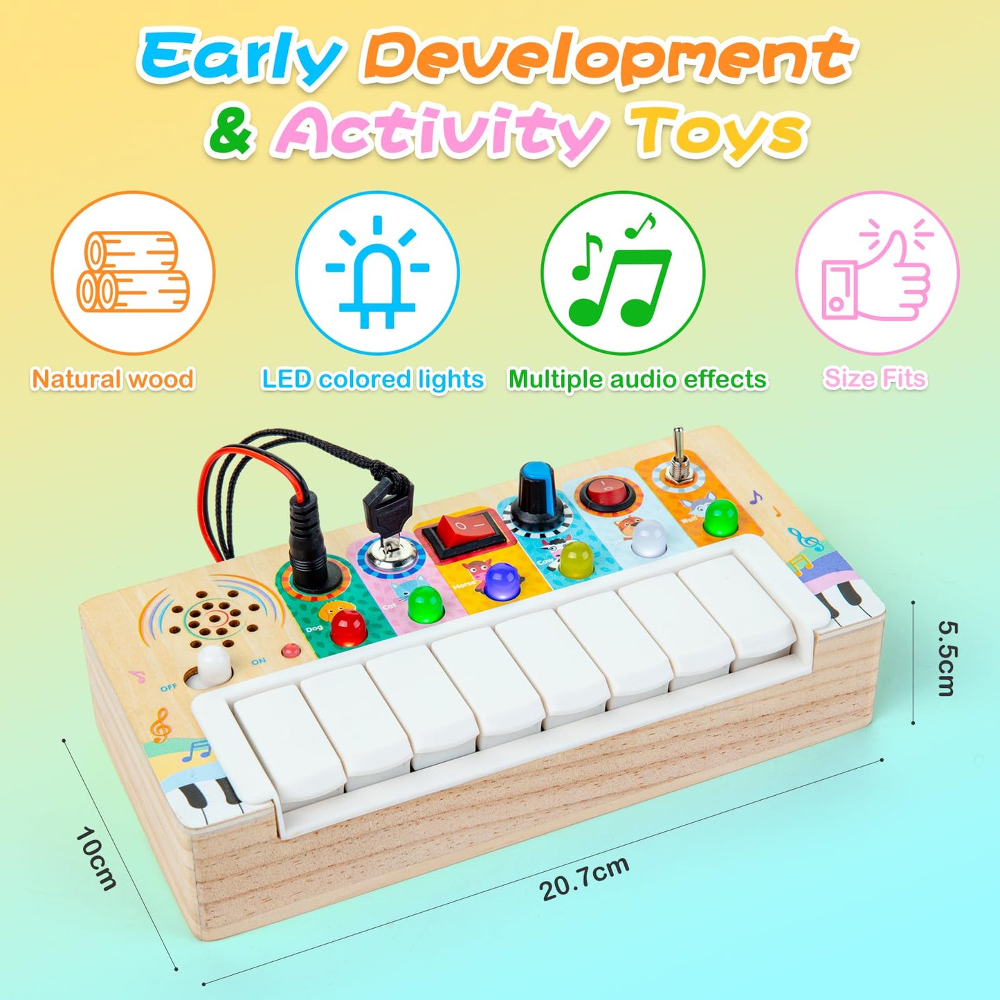 Montessori sensory toy with piano keyboard and LED lights