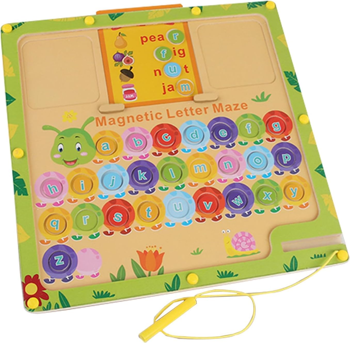 Colorful children's toy with magnetic letters and a caterpillar design on a white background