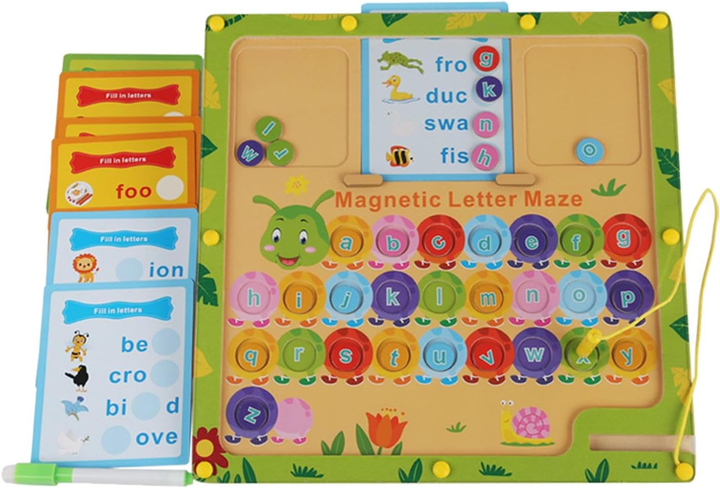 Colorful educational toy with magnetic letters and cards on a green background