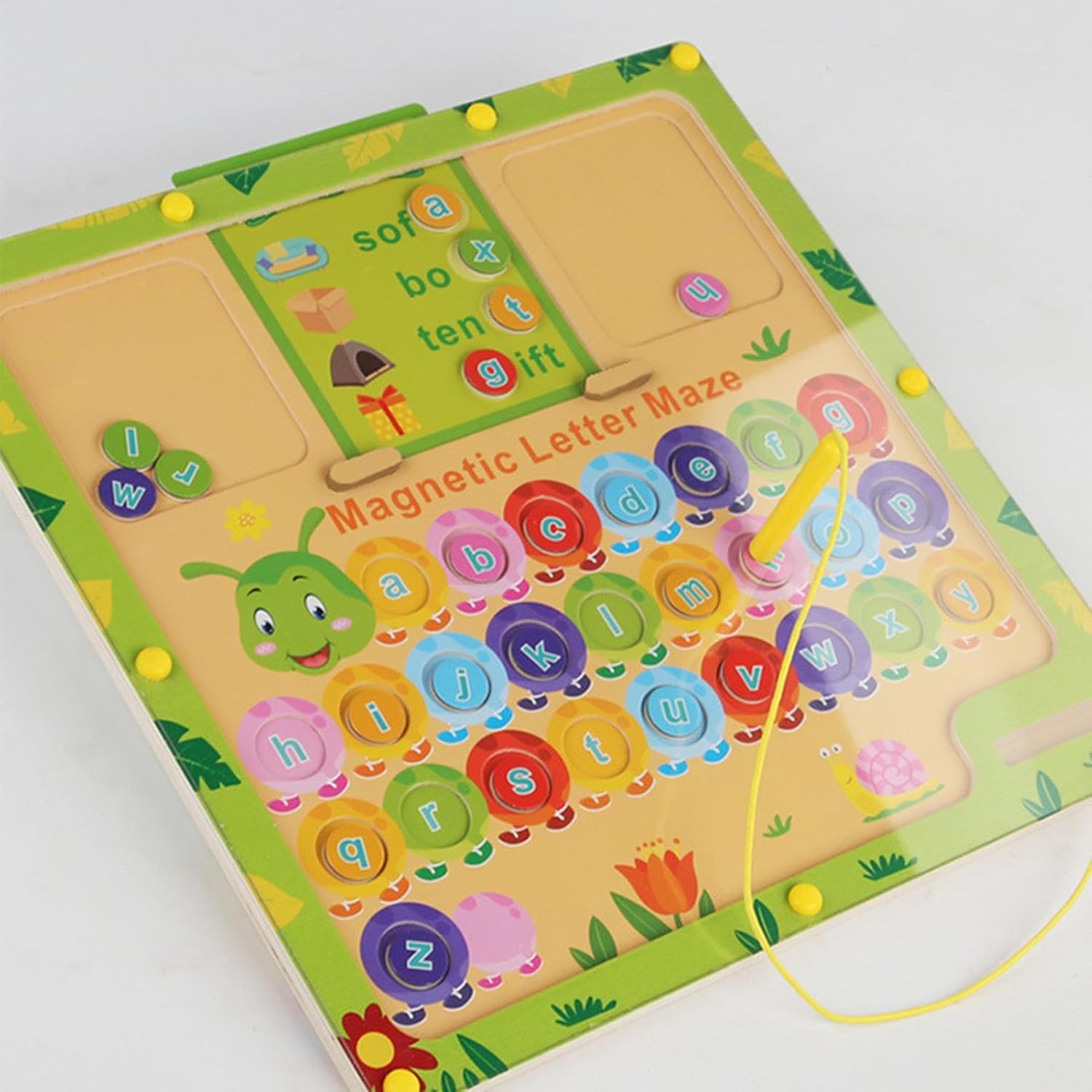 Colorful magnetic letter maze toy with alphabet letters on a white background