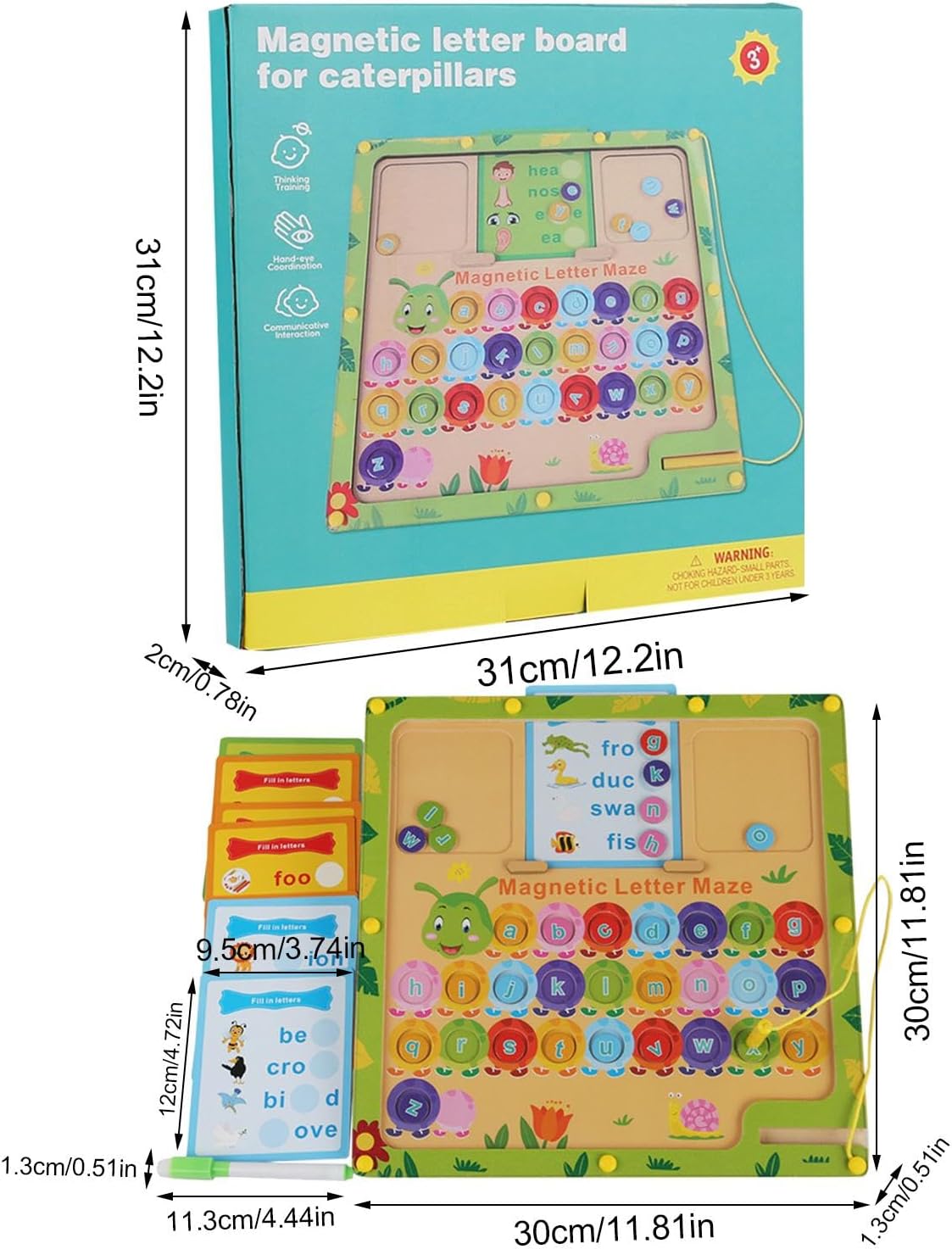 Magnetic letter board for caterpillars with dimensions and packaging details.