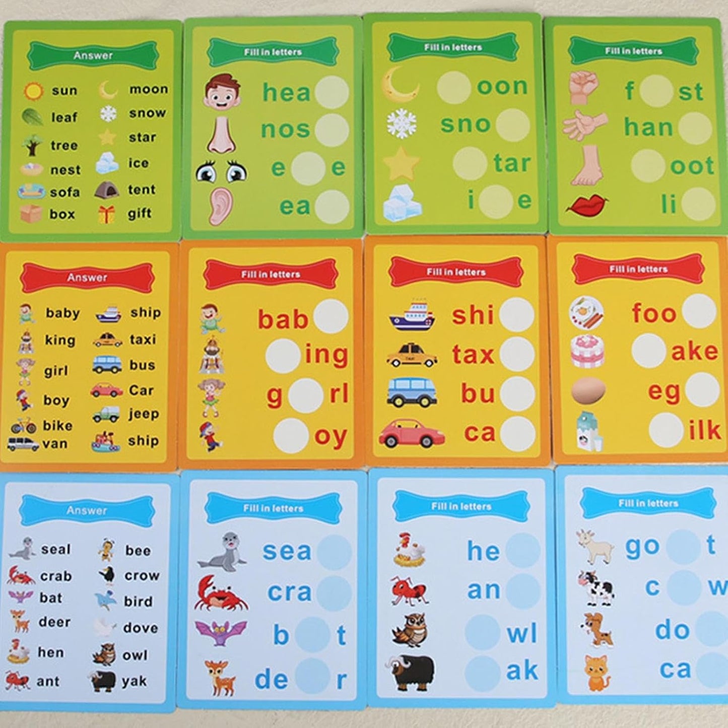 Set of educational flashcards with letters and words on a green, yellow, and blue background.