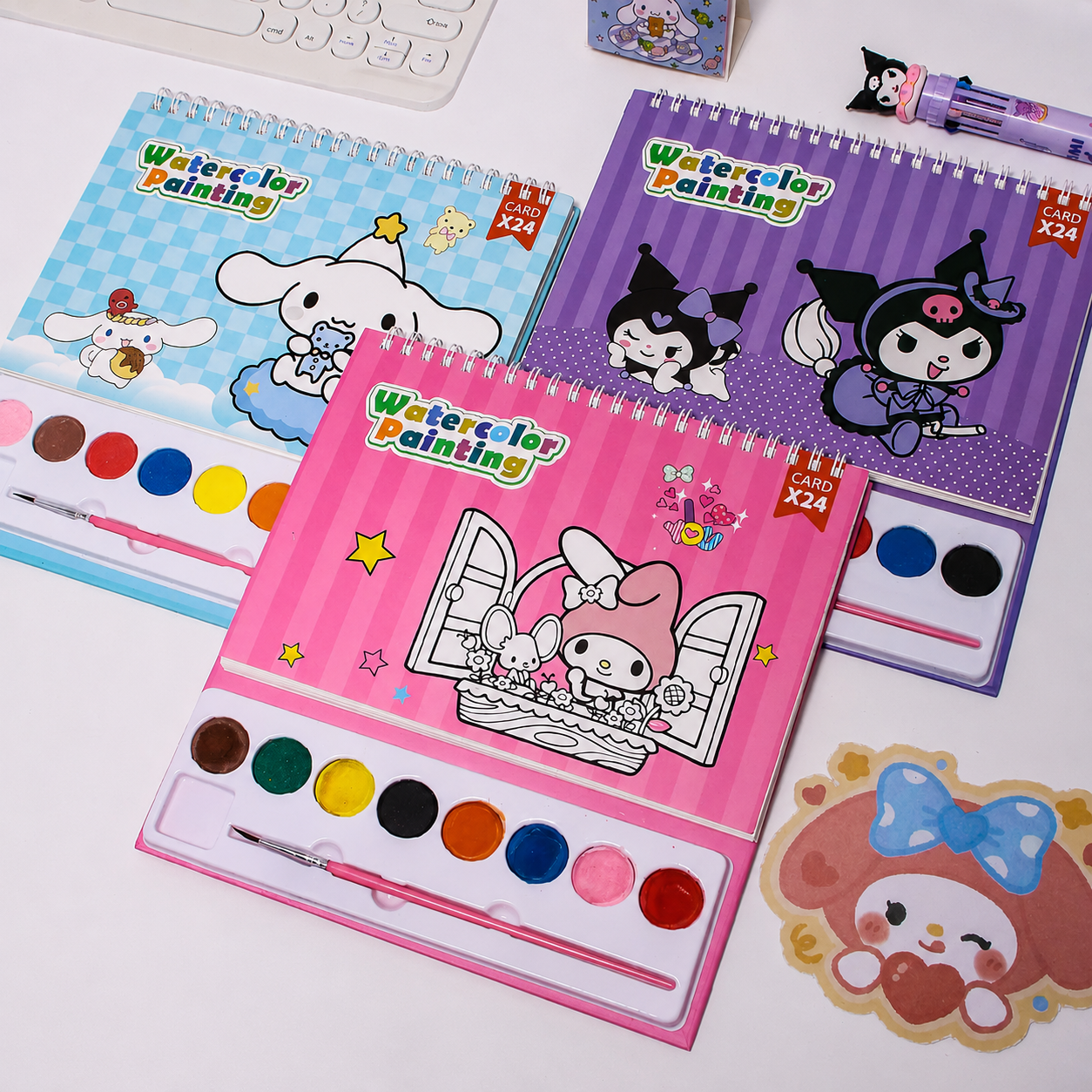 Sanrio Watercolor Painting Book Kit | 24 Coloring Cards with Paint Palette & Brush