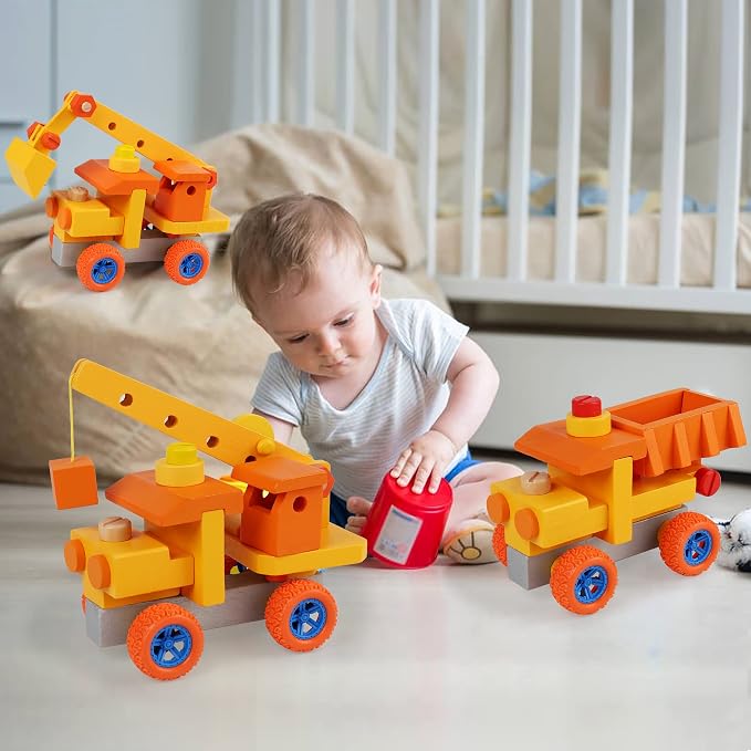 Wooden Construction Engineering Vehicle DIY Assembly Toy with Screwdriver