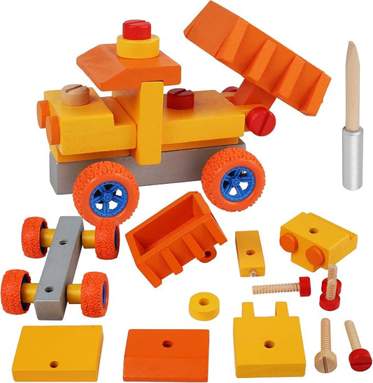 Wooden Construction Engineering Vehicle DIY Assembly Toy with Screwdriver