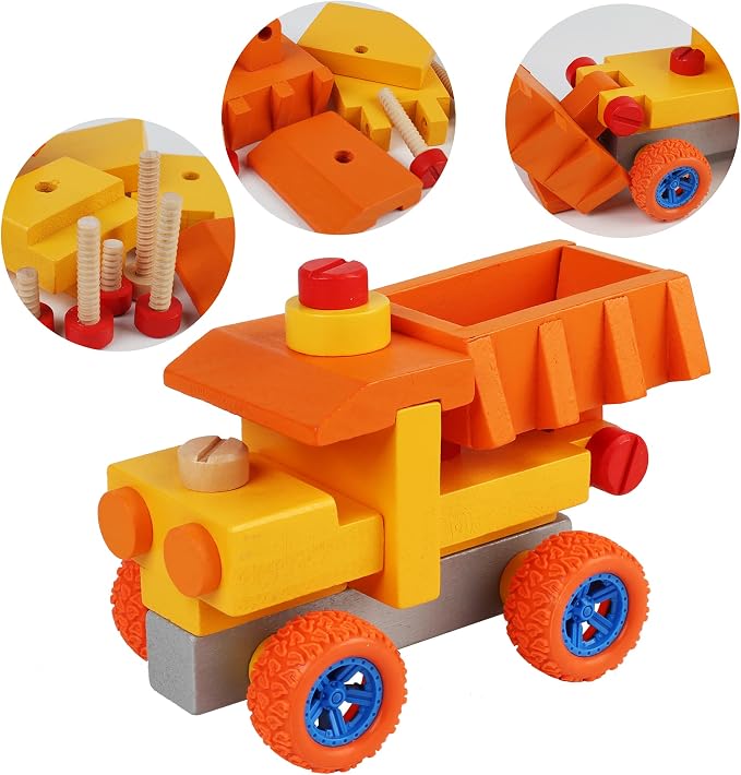 Wooden Construction Engineering Vehicle DIY Assembly Toy with Screwdriver