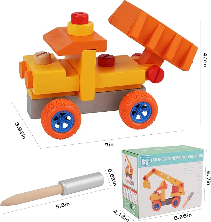Wooden Construction Engineering Vehicle DIY Assembly Toy with Screwdriver