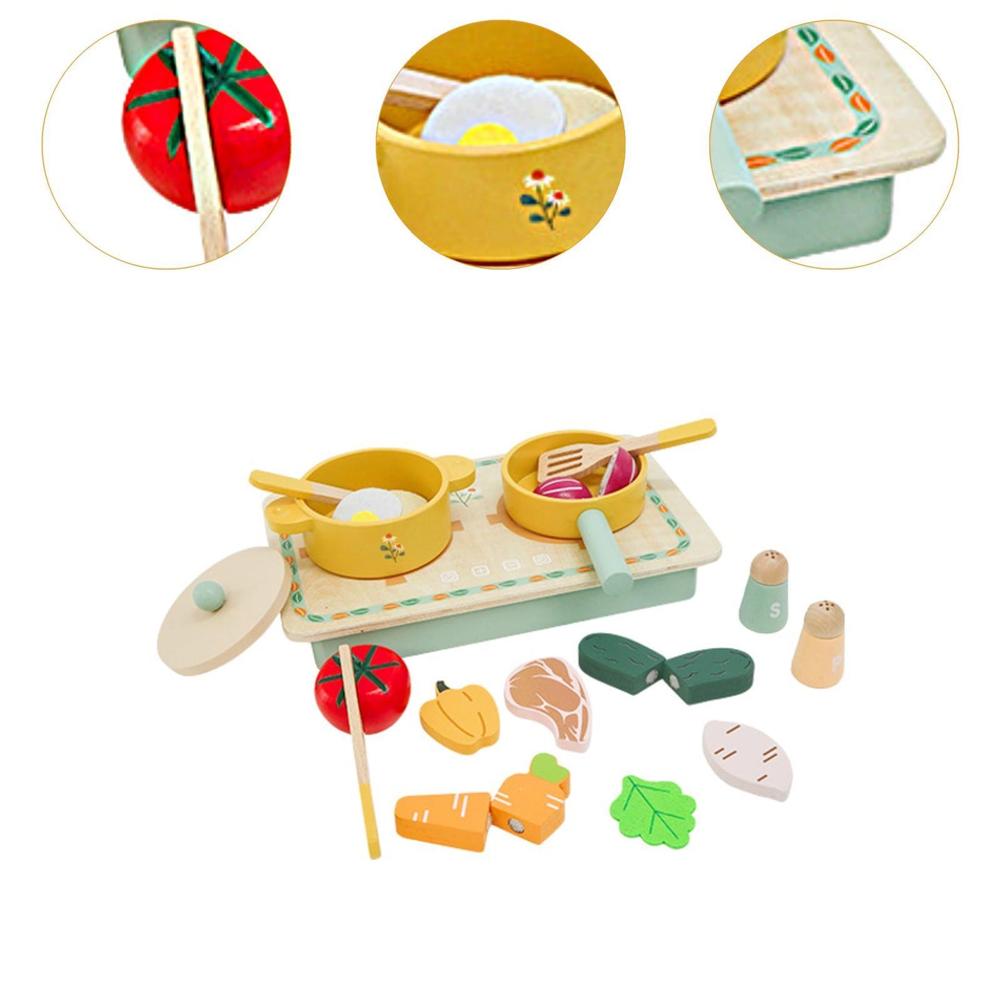 Colorful toy kitchen set with various utensils and food items on a white background