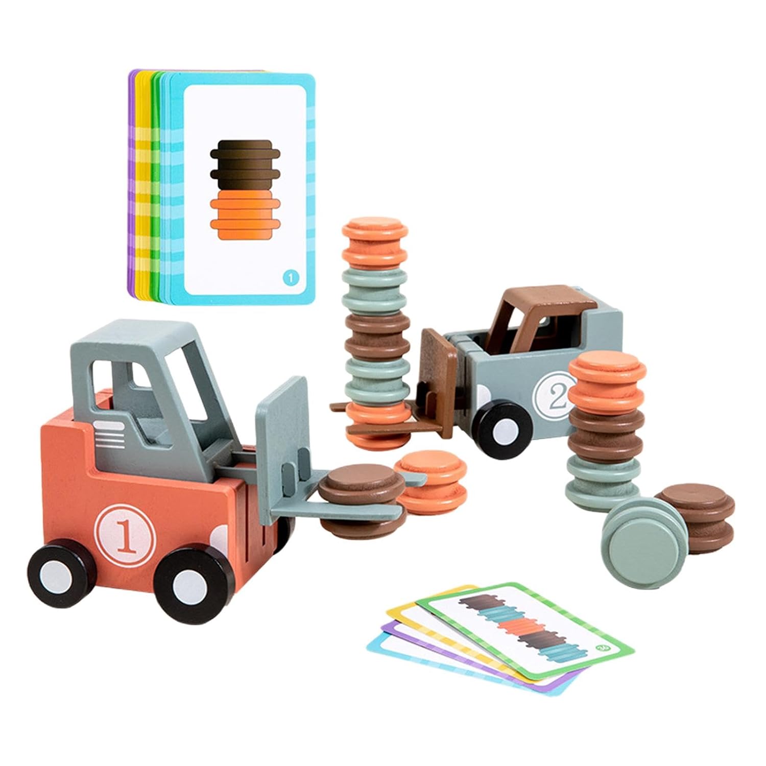 Toy truck balancing game with colorful stacking rings and cards on a white background