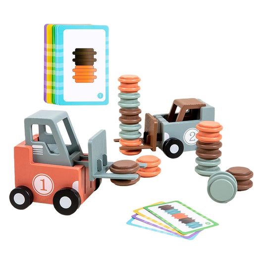 Toy truck balancing game with colorful stacking rings and cards on a white background