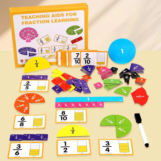 Teaching aids for fraction learning on a beige surface