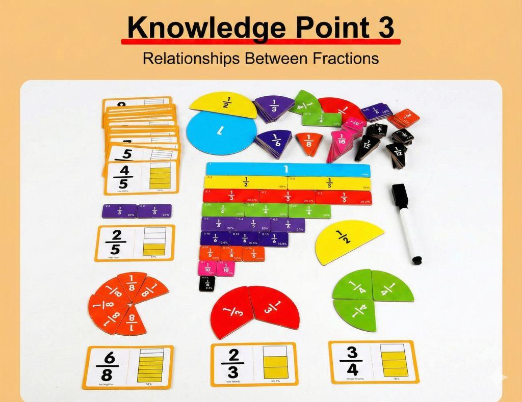 Educational materials for teaching fractions on a whiteboard with colorful fraction pieces and labels.