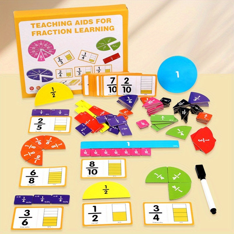 Teaching aids for fraction learning on a beige surface
