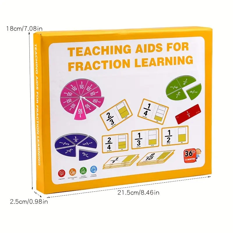 Box of teaching aids for fraction learning with colorful fraction pieces on a white background.