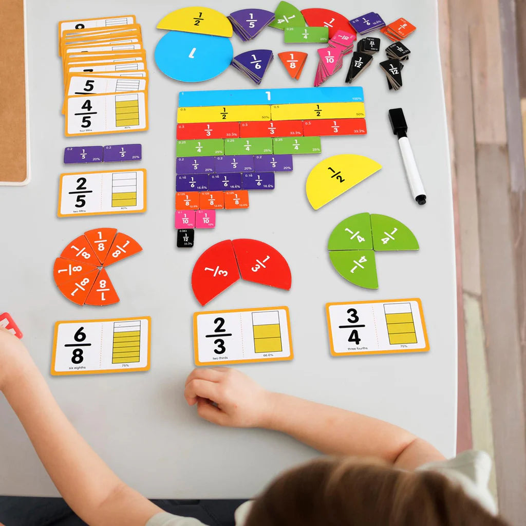 Educational math tools on a whiteboard with children's hands interacting with them.