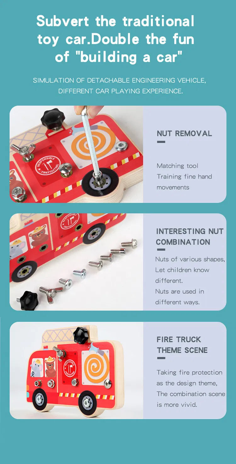 Wooden Fire Truck Nut Combination & Bolt Busy Board