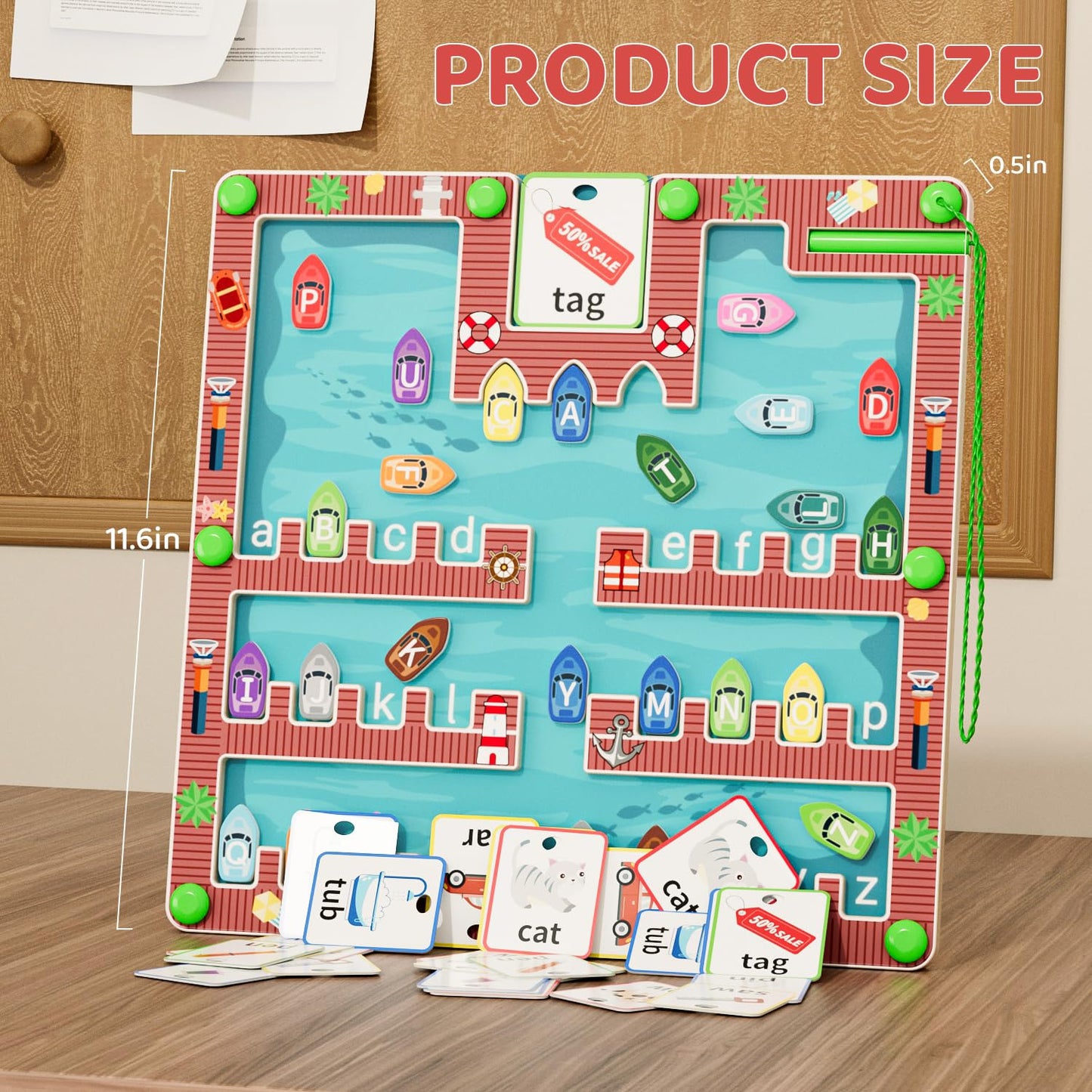 Educational board game with alphabet cards on a wooden surface