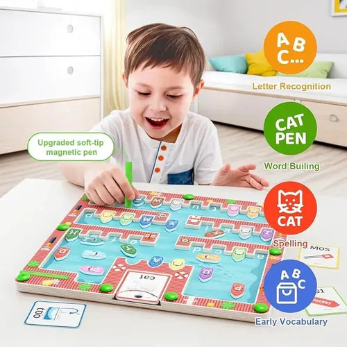 Child playing with a educational board game on a wooden floor.