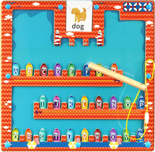 Educational fishing game with letters and animals on a colorful frame