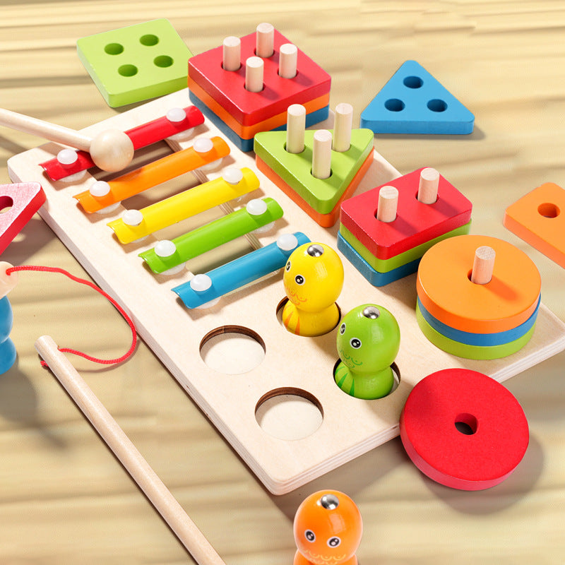 Montessori 3 in 1 three in one column set Multifunctional Wooden Activity Board – Sorting, Stacking & Xylophone
