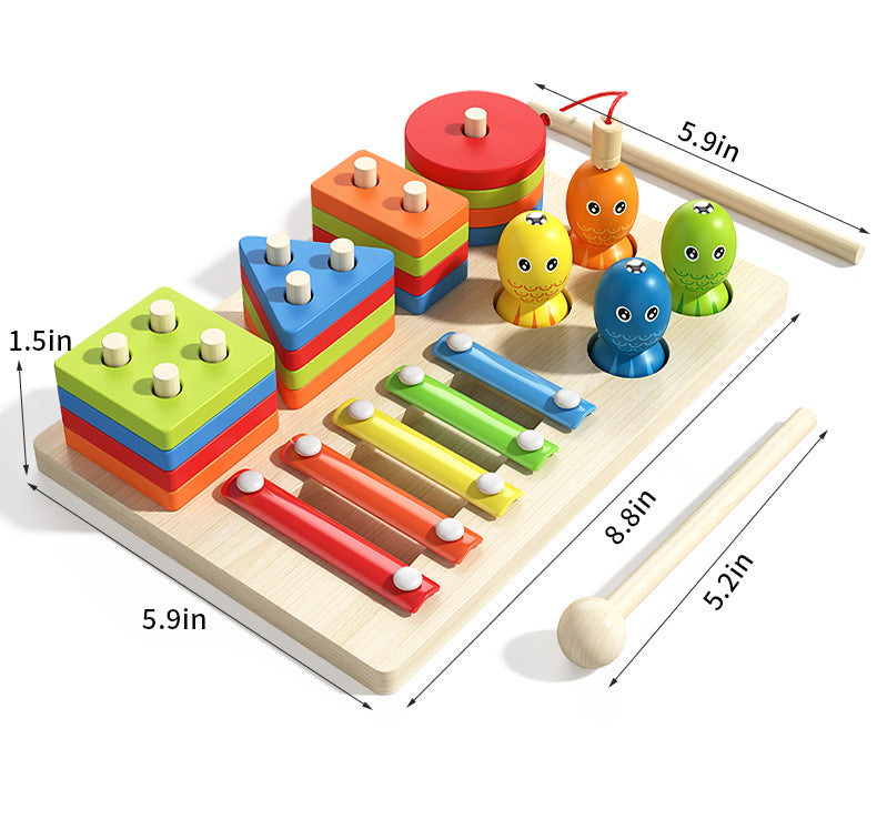 Montessori 3 in 1 three in one column set Multifunctional Wooden Activity Board – Sorting, Stacking & Xylophone