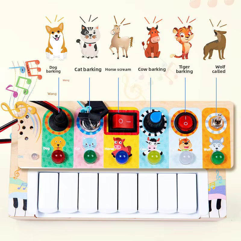 Montessori Musical Busy Board Piano – Wooden Sensory Learning Toy with Lights & Animal Sounds
