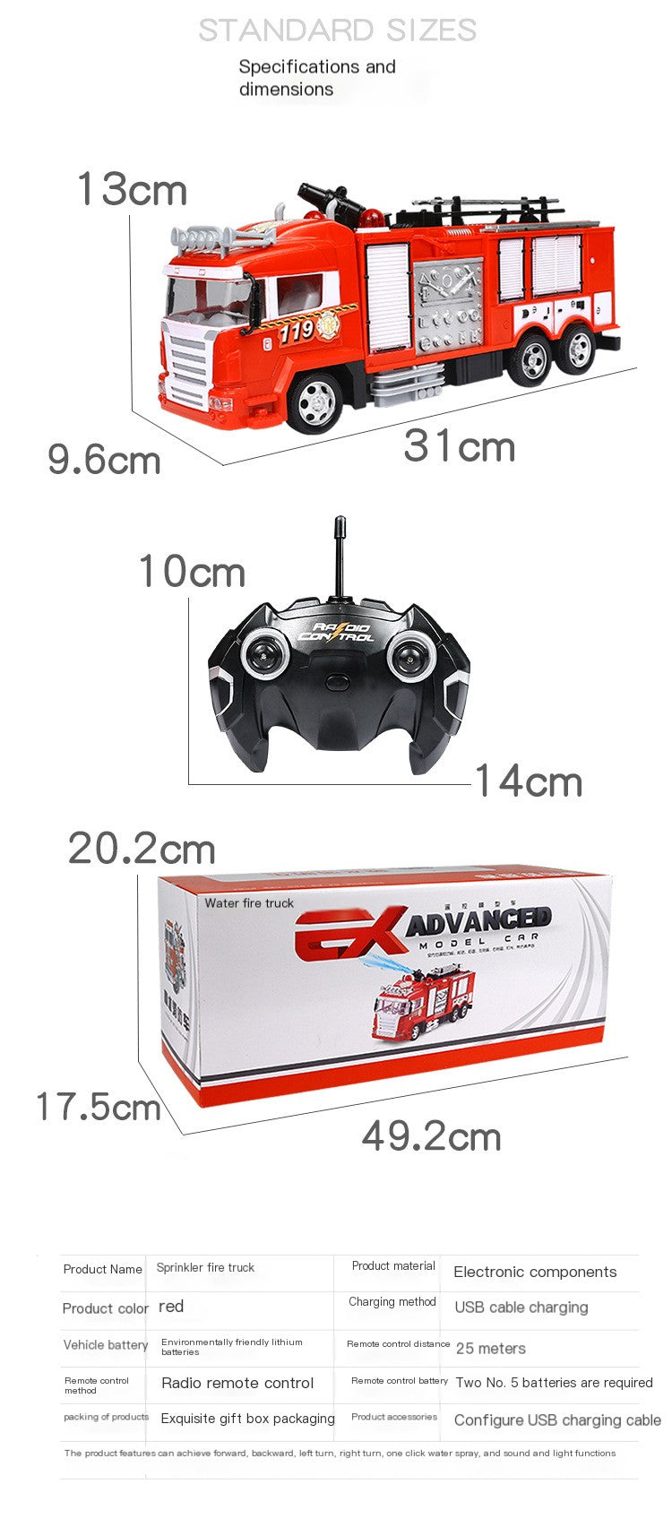 RC Fire Truck with Water Spray – Large 31cm Rescue Vehicle