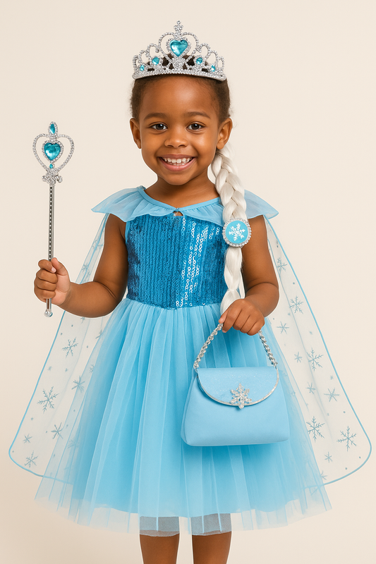 Ice Queen Princess Elsa Costume with Crown, Gloves & Jewelry – Kids Dress Up