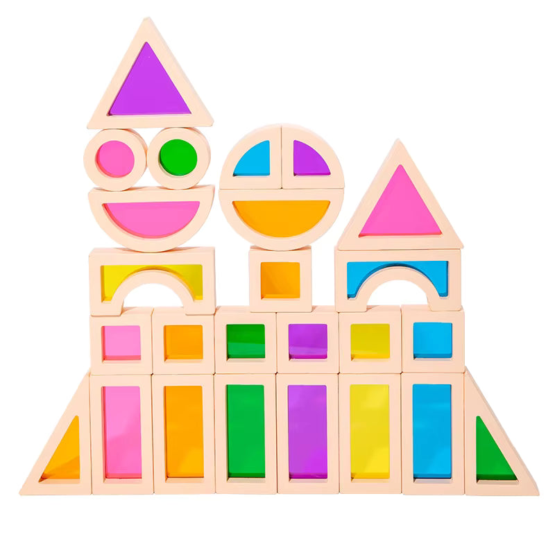 Colorful wooden shape blocks assembled into a castle-like structure on a white background