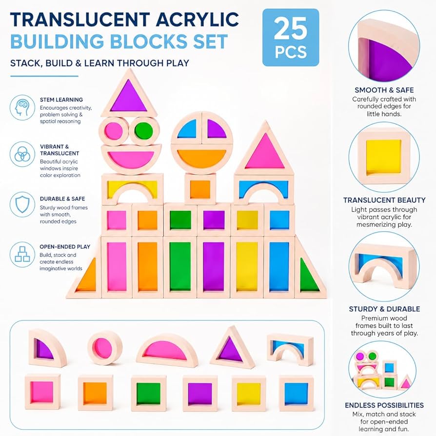 Translucent acrylic building blocks set with 25 pieces, featuring colorful geometric shapes on a white background.