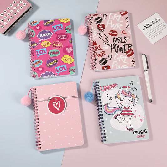 Pom-pom spiral notebooks for kids in LOL XOXO, Girl Power, Unicorn and Love Heart designs