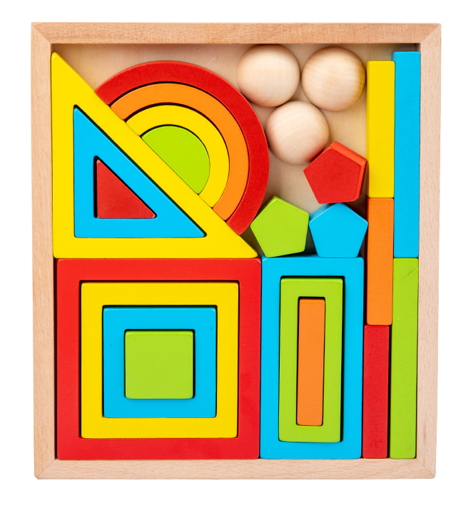 Rainbow Building Block Box – Wooden Geometric Shapes Stacking & Balancing Puzzle Toy
