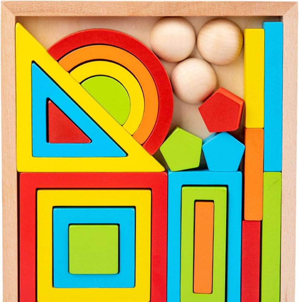 Rainbow Building Block Box – Wooden Geometric Shapes Stacking & Balancing Puzzle Toy