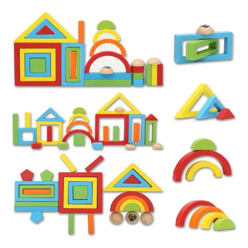 Rainbow Building Block Box – Wooden Geometric Shapes Stacking & Balancing Puzzle Toy