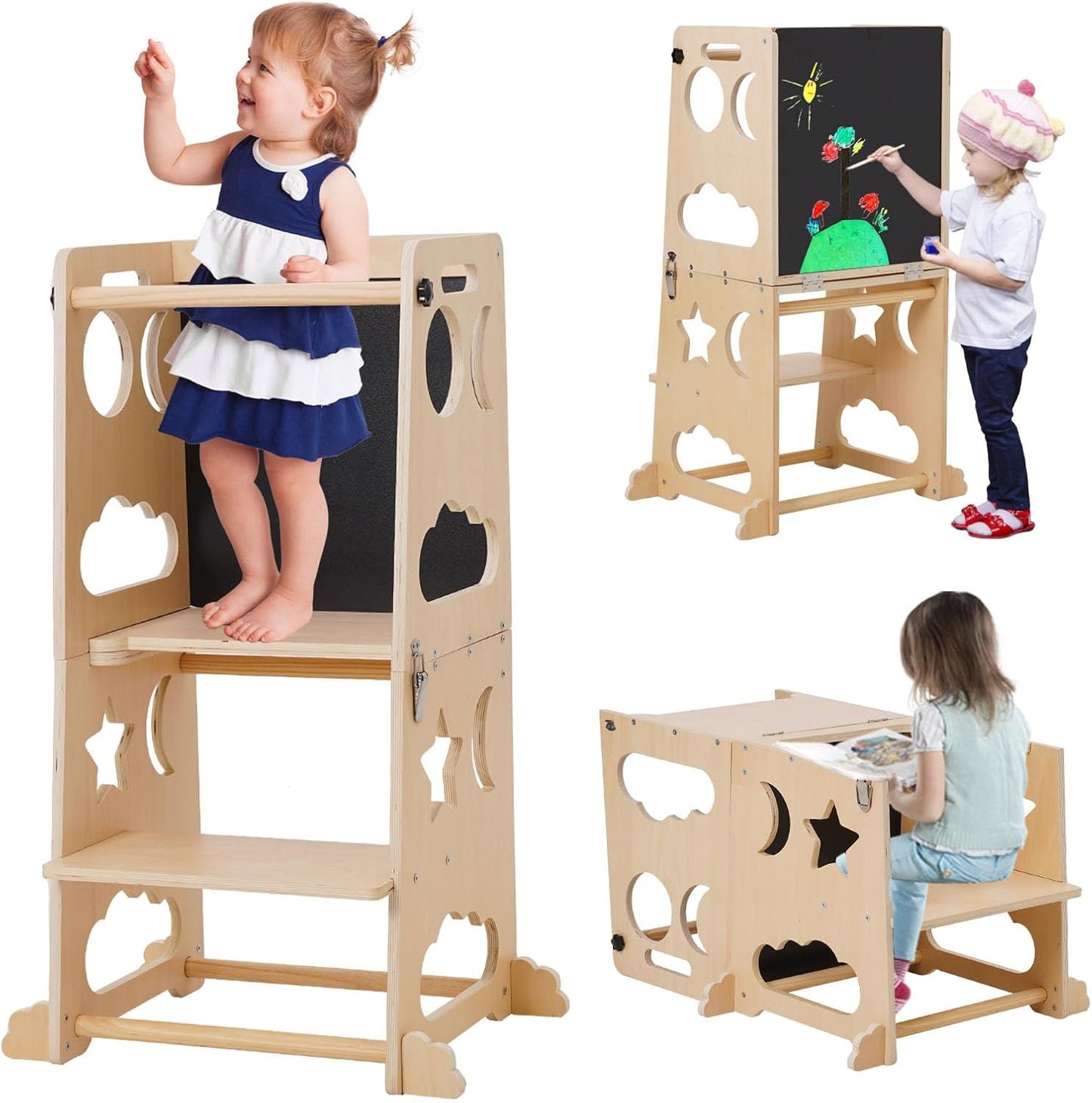 Children's wooden activity center with multiple uses including standing, sitting, and drawing.