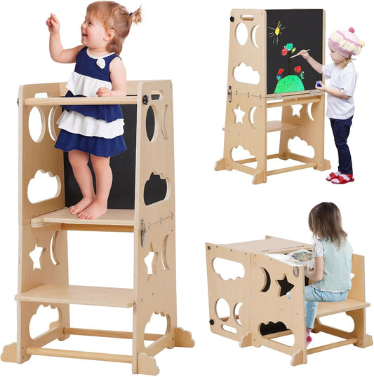 Children's wooden activity center with multiple uses including standing, sitting, and drawing.