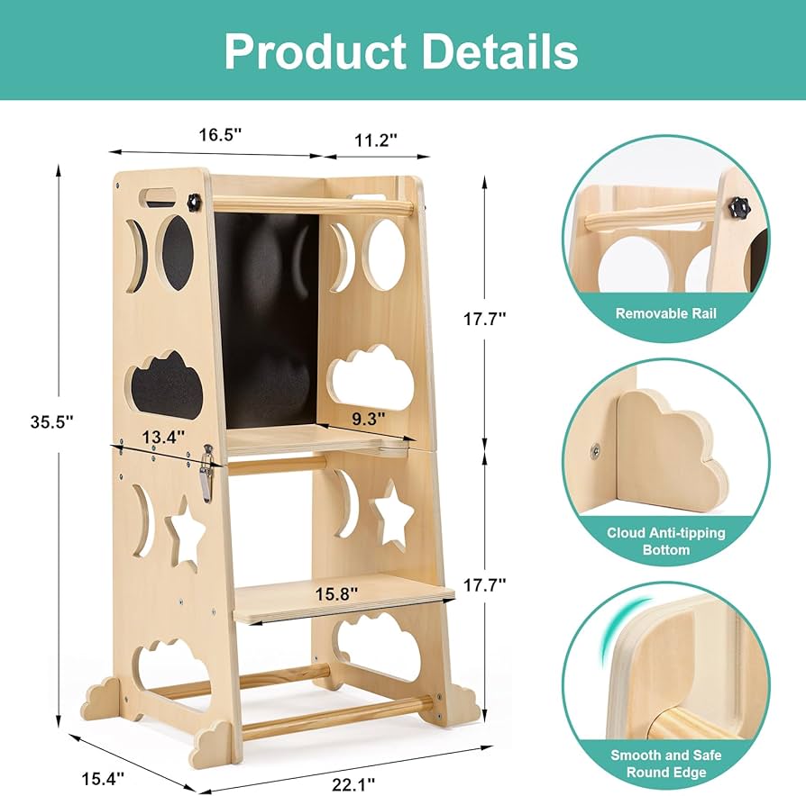 Wooden step stool with measurements and features on a white background