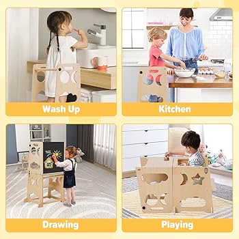 Montessori Wooden Learning Tower | 3-in-1 Kitchen Helper, Chalkboard & Activity Table