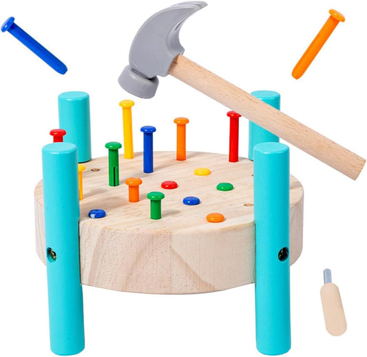 Children's hammer and nail toy set with colorful nails and a wooden base.