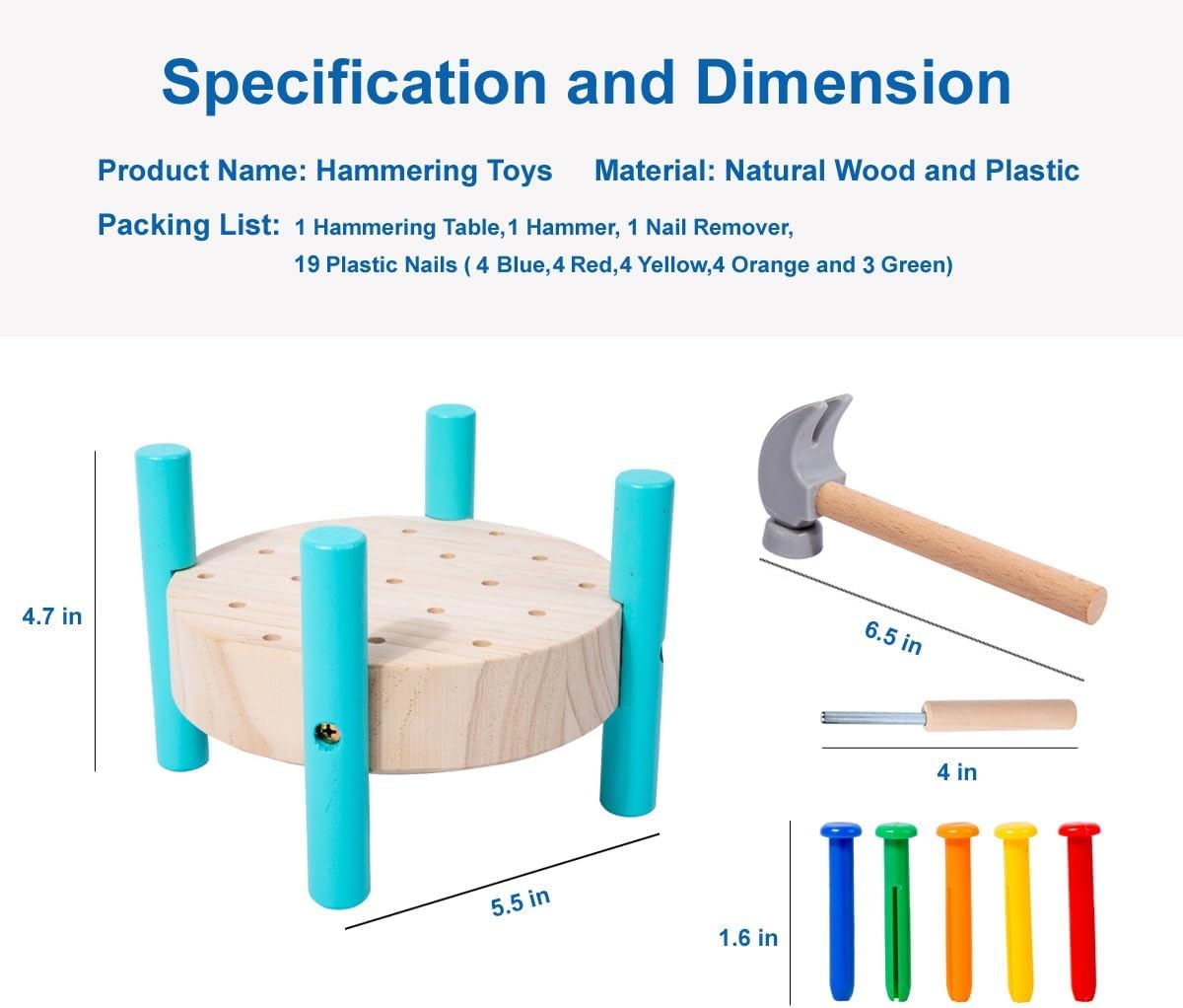 Hammering toys set with wooden table, hammer, and colorful nails on a white background.