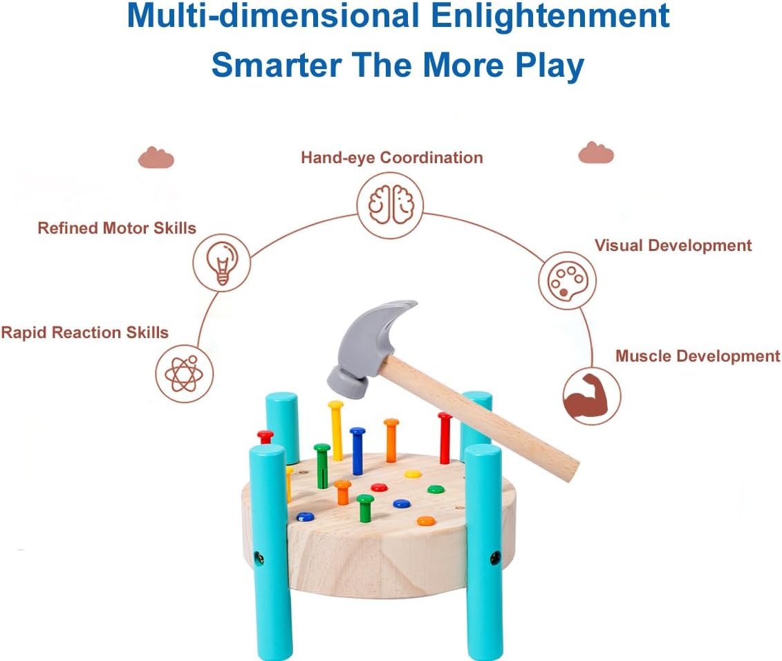 Wooden hammering toy with educational benefits on a white background