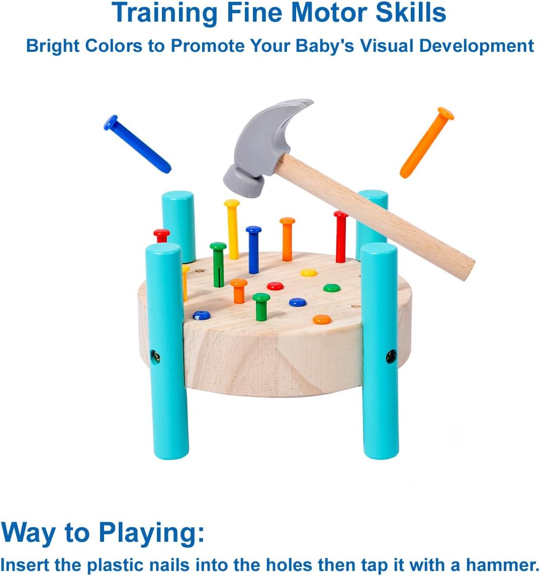Wooden hammering toy with colorful nails and a hammer on a white background