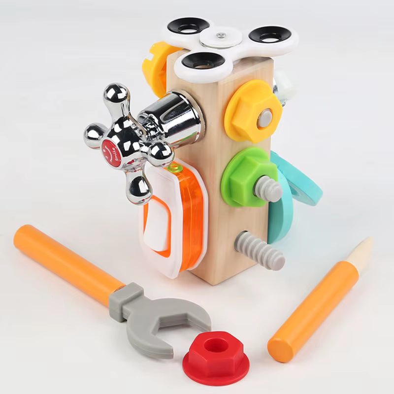 Wooden Busy Screws and Nuts Set with bolts, nuts, toy wrench, screwdriver, gears and faucet handle for fine motor skill development and Montessori learning.