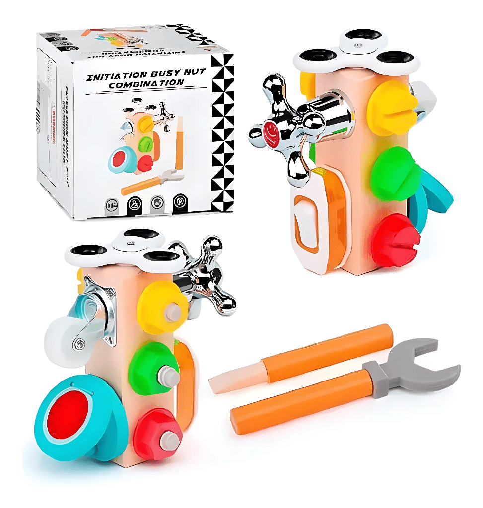 Wooden Busy Screws and Nuts Set with bolts, nuts, toy wrench, screwdriver, gears and faucet handle for fine motor skill development and Montessori learning.