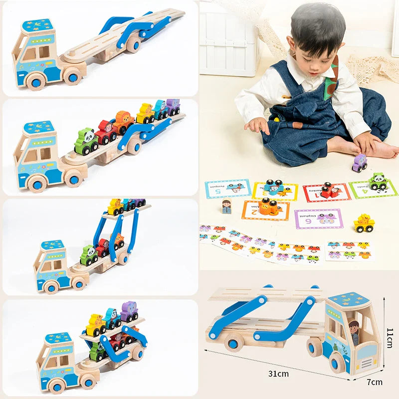Wooden Double-Decker Animal Transport Truck with Matching Cards | Montessori Sorting & Counting Toy