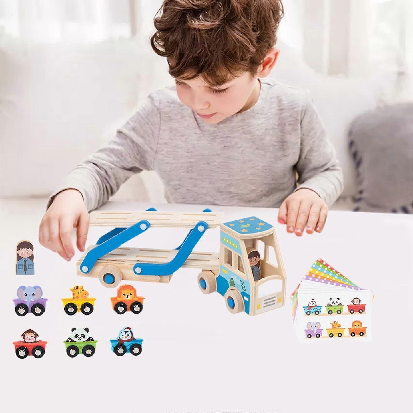 Wooden Double-Decker Animal Transport Truck with Matching Cards | Montessori Sorting & Counting Toy