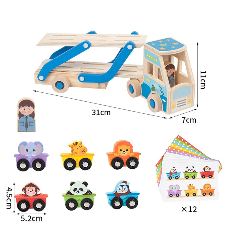 Wooden Double-Decker Animal Transport Truck with Matching Cards | Montessori Sorting & Counting Toy