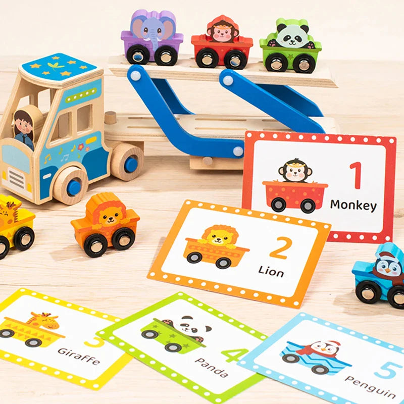 Wooden Double-Decker Animal Transport Truck with Matching Cards | Montessori Sorting & Counting Toy